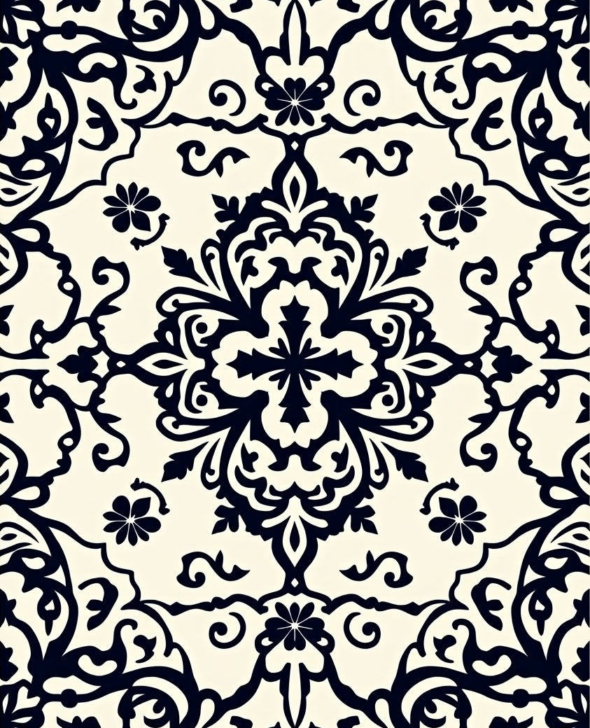 Classic Black Floral Damask Pattern Rug