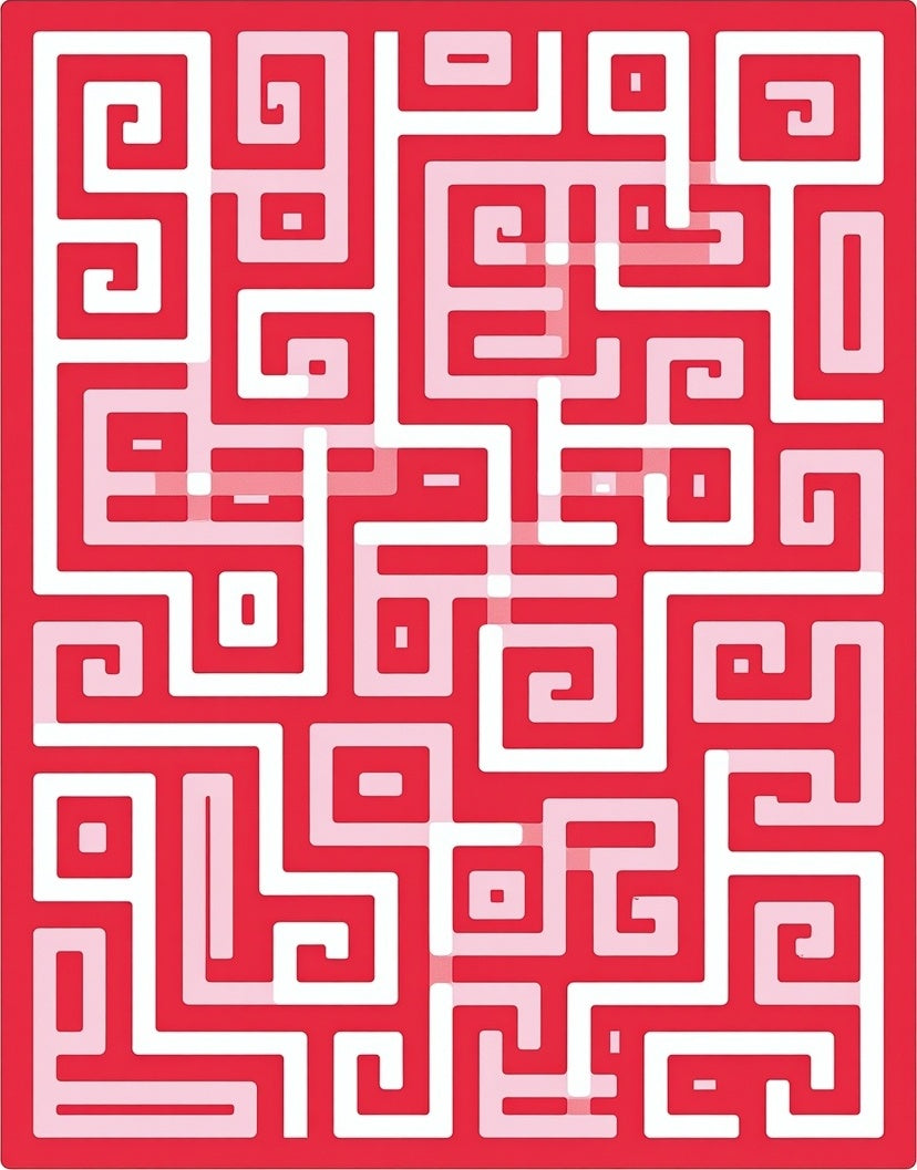 Red White Abstract Maze Pattern Rug