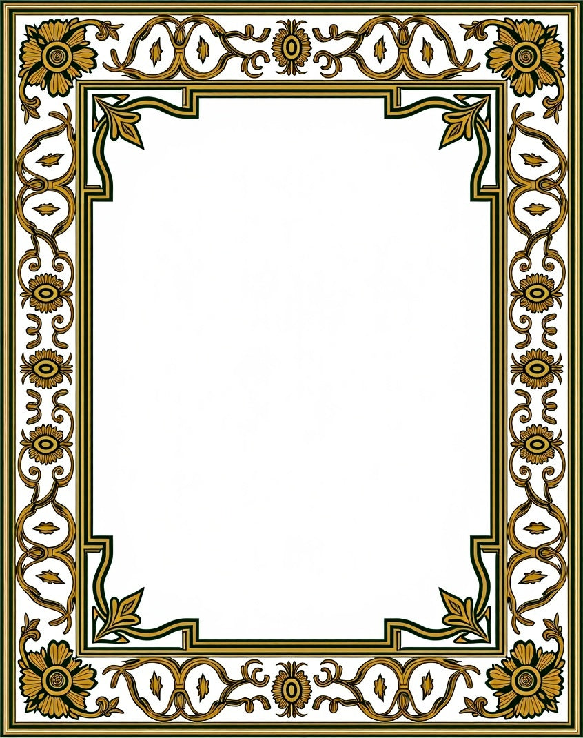 Golden Floral Bordered Artwork Rug
