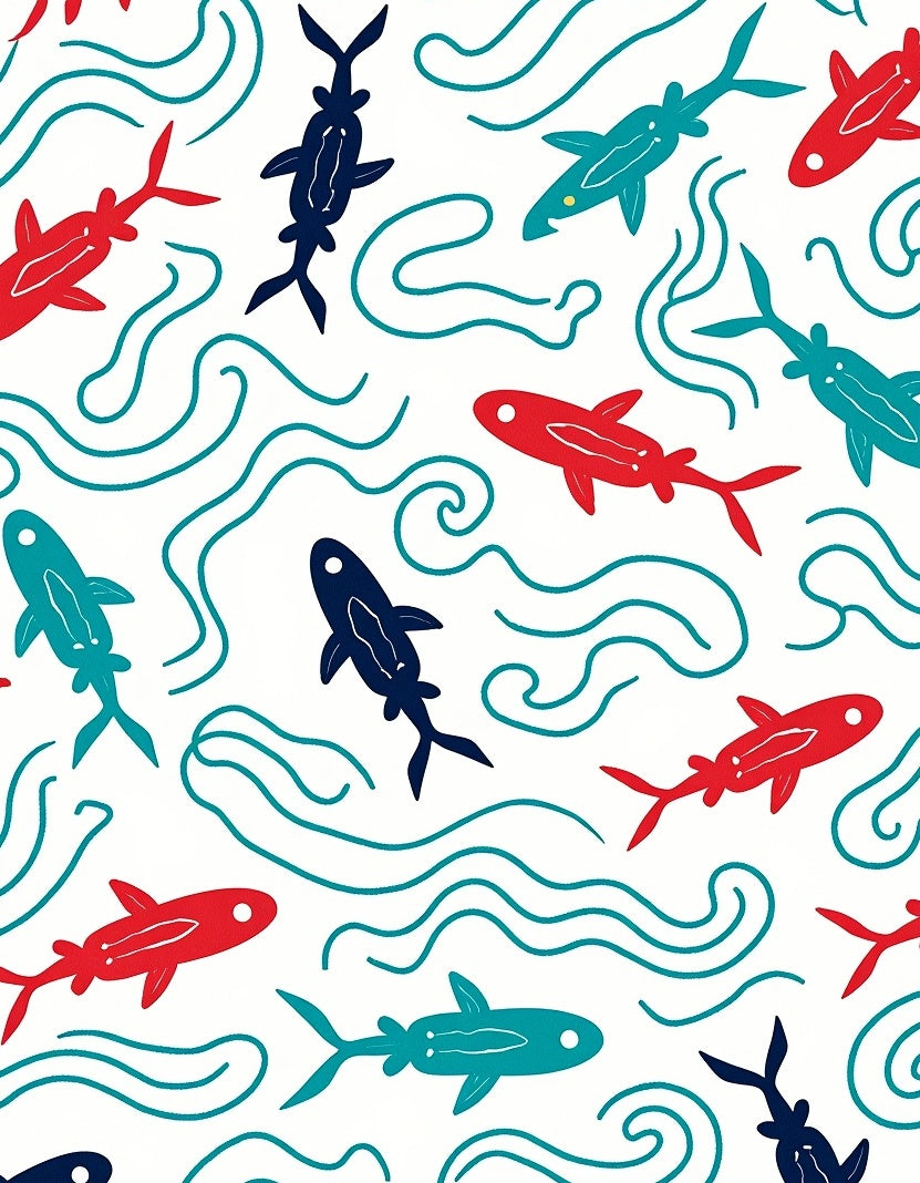 Colorful Fish and Waves Pattern Rug
