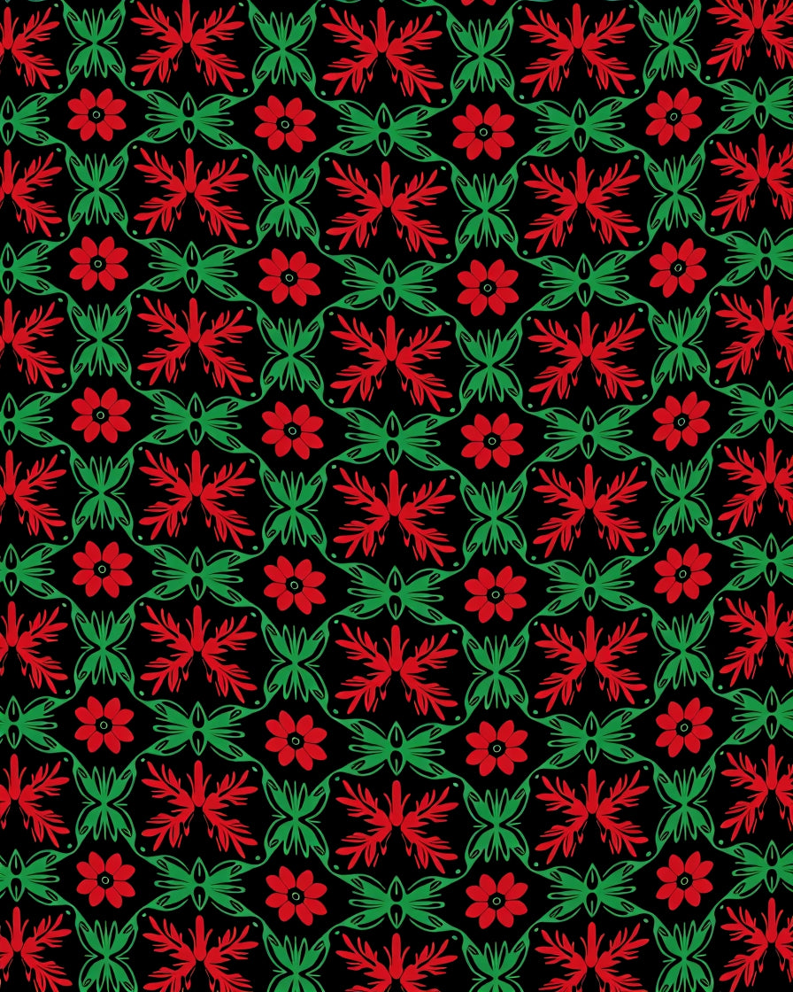 Red Green Floral Butterfly Pattern Rug