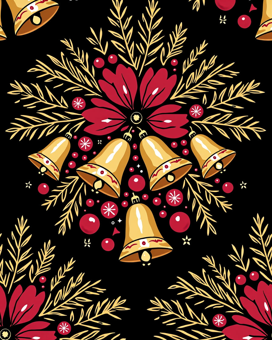 Festive Golden Bells Red Flower Pattern Rug