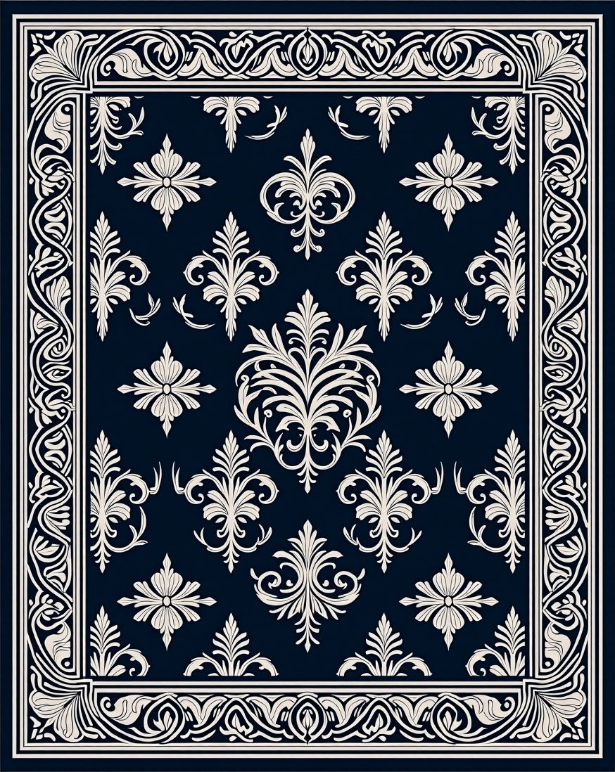 Classic Black Ivory Floral Scroll Border Rug