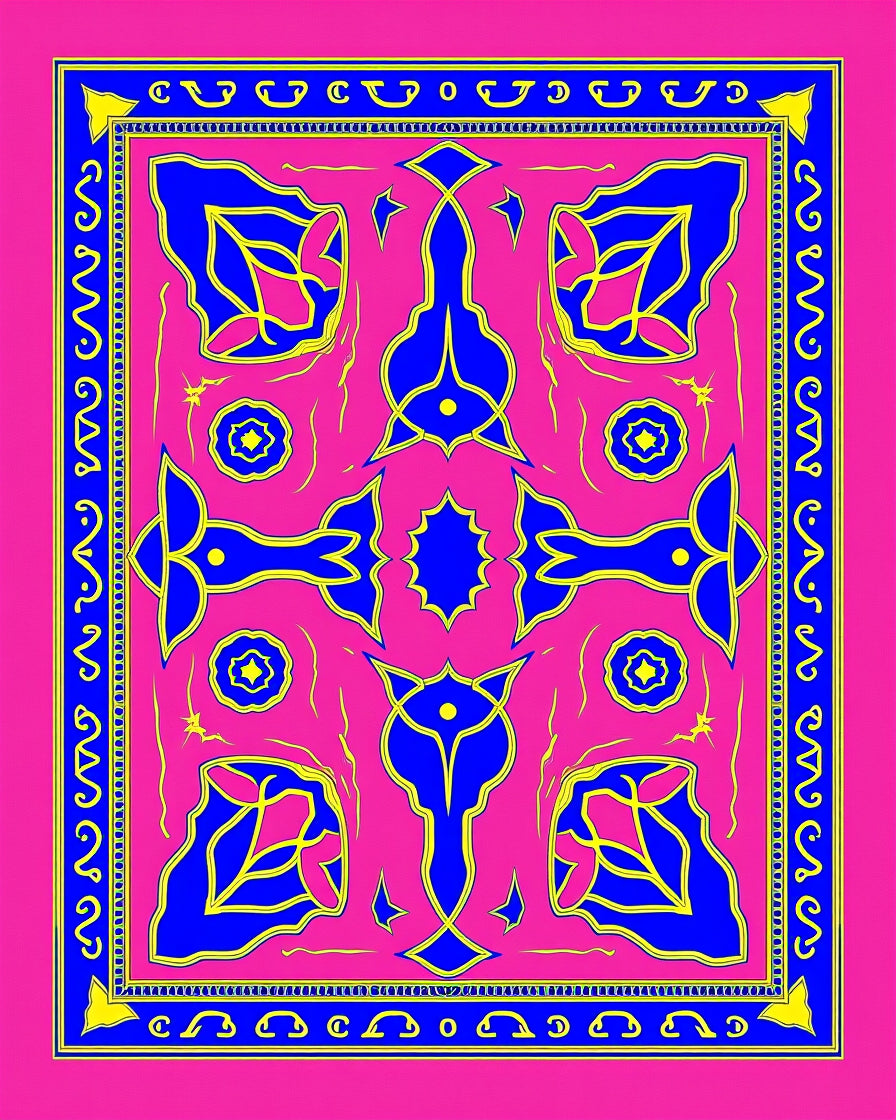 Bright Pink Blue Geometric Floral Pattern Rug