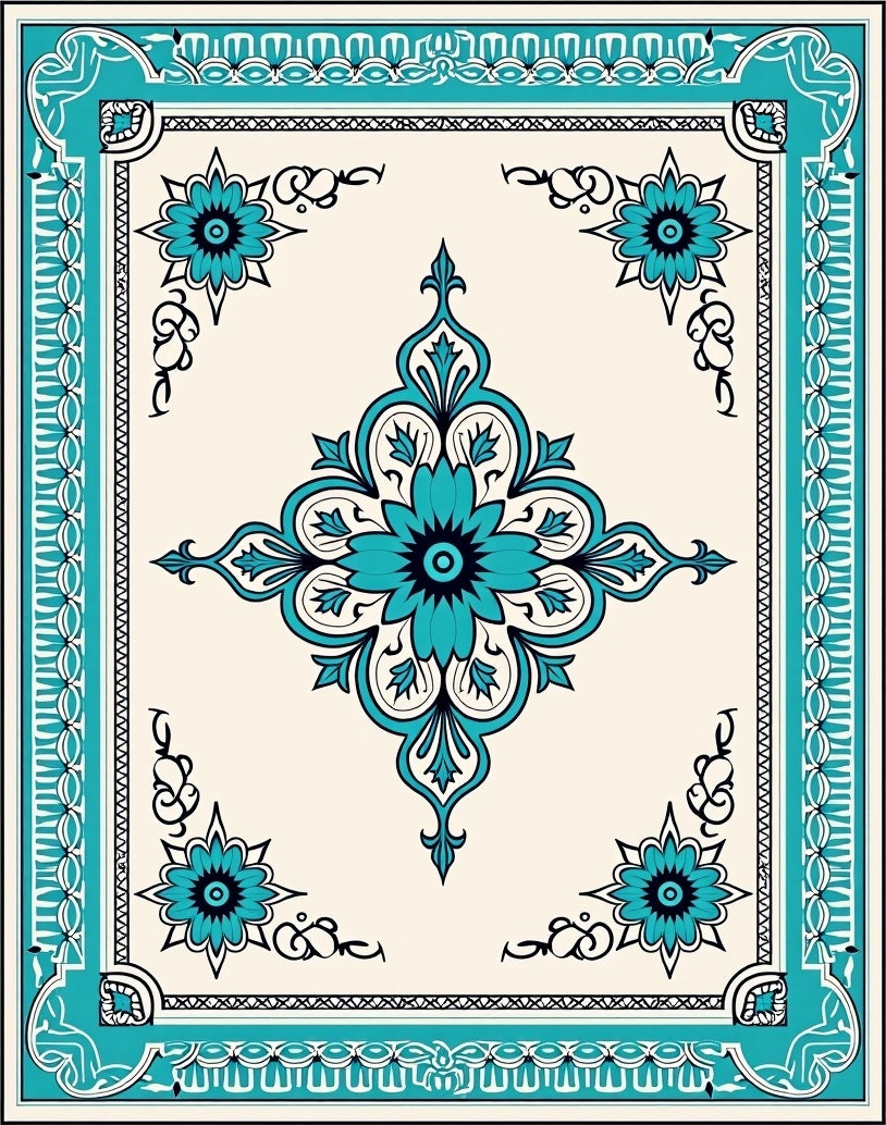 Turquoise Floral Mandala Border Rug