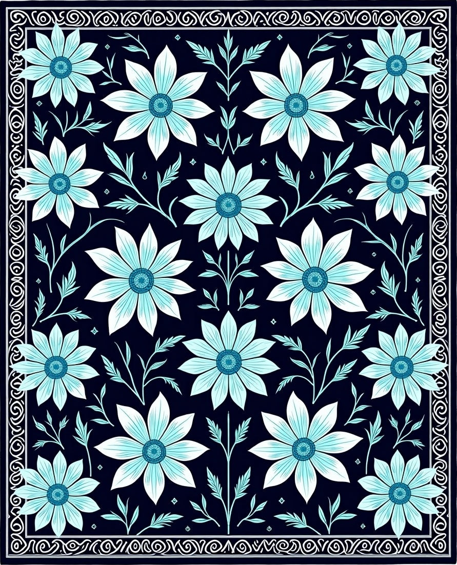 Navy Blue Floral Damask Pattern Rug