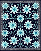 Navy Blue Floral Damask Pattern Rug