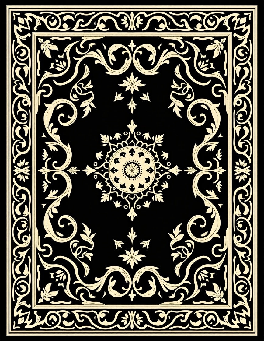 Black and Cream Floral Medallion Rug