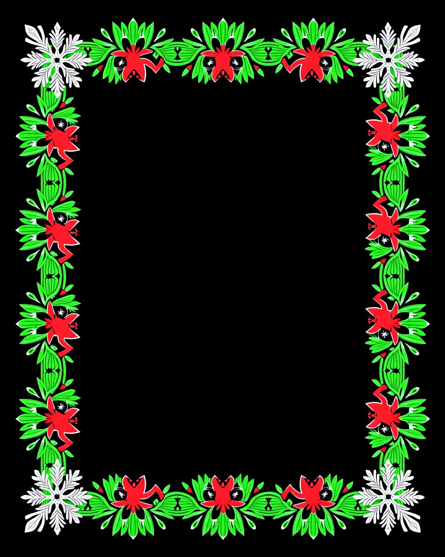 Crimson Red Green Floral Snowflake Border Rug