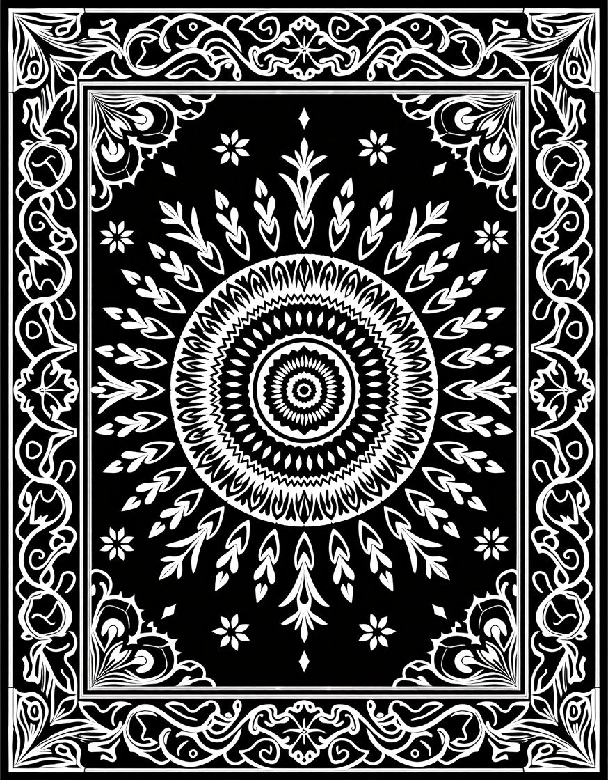 Bold Black White Mandala Pattern Rug
