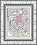 Geometric Maze with Red Blue Accents Rug