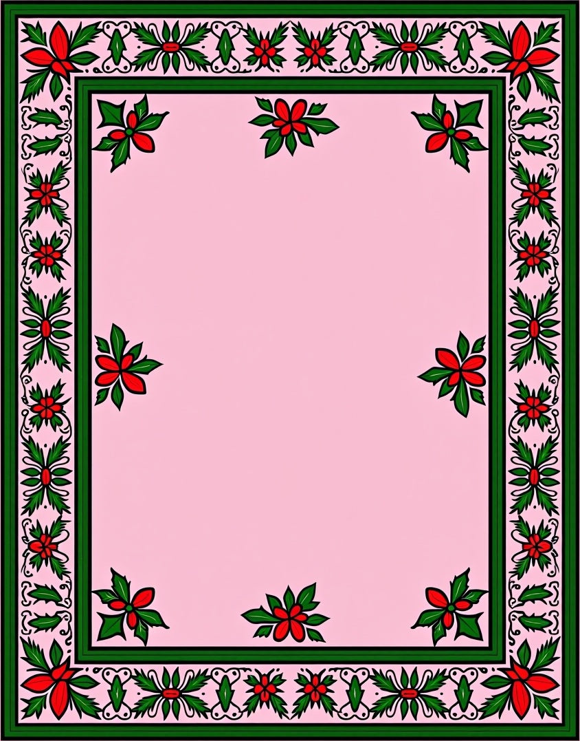 Pink Floral Leaf Border Design Rug