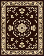 Dark Brown Cream Floral Scroll Medallion Rug