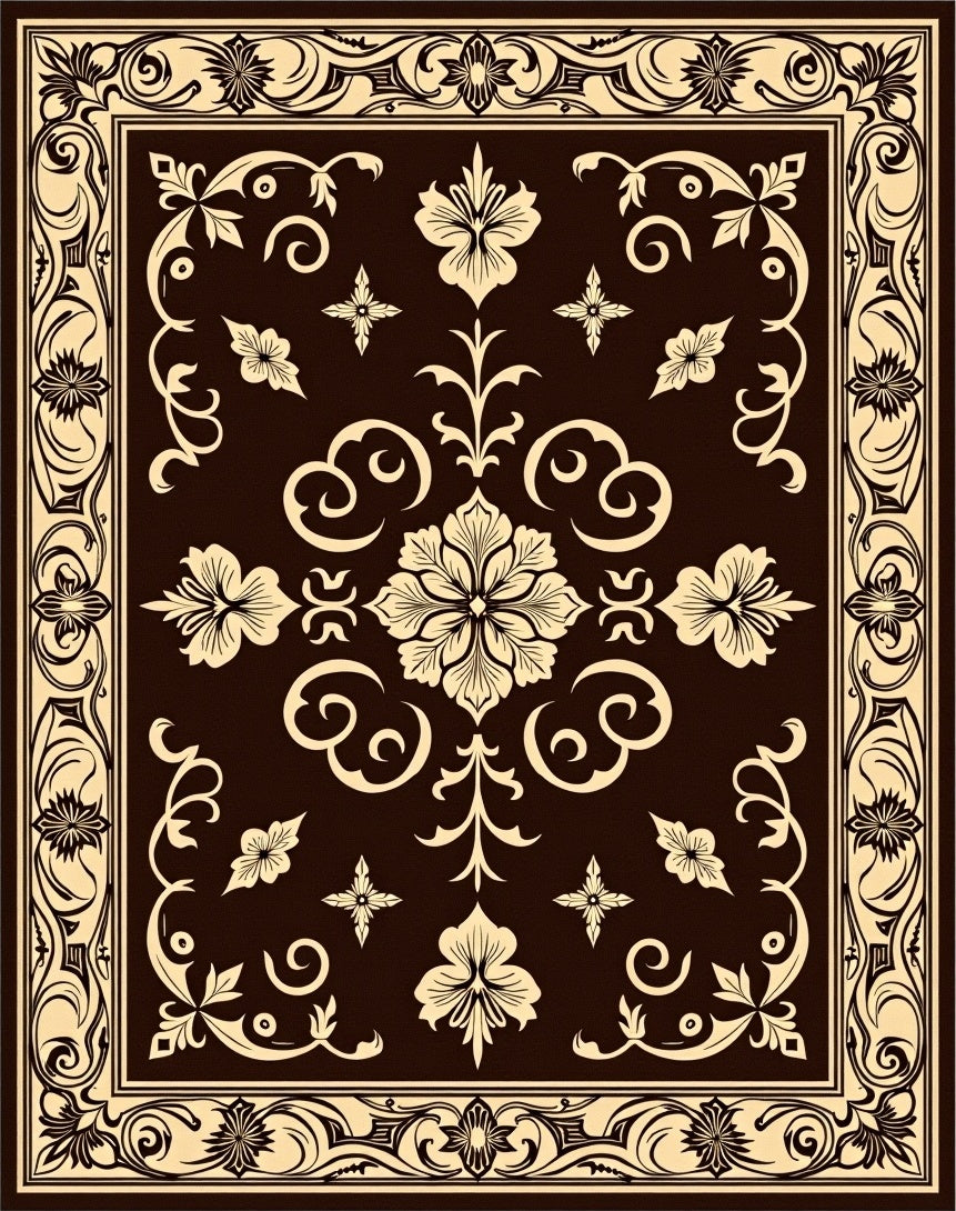 Dark Brown Cream Floral Scroll Medallion Rug