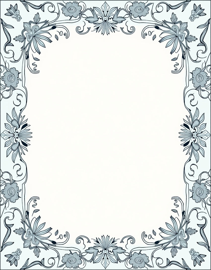 Pale Blue Floral Vine Swirl Border Rug