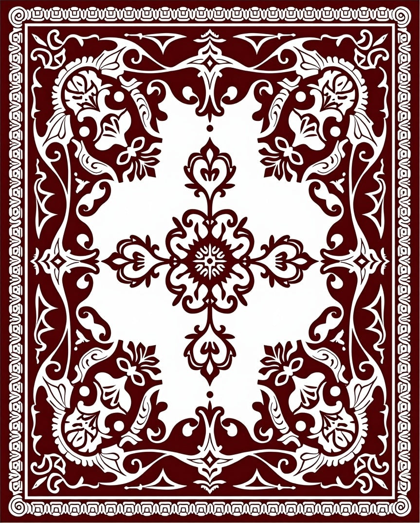 Intricate Floral Scrollwork Red and White Rug