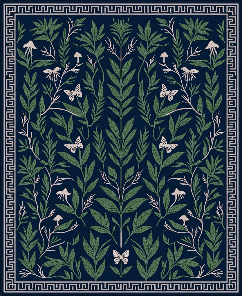 Dark Blue Botanical Print Butterfly Rug
