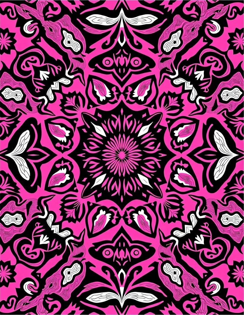 Vibrant Pink Black Mandala Pattern Rug