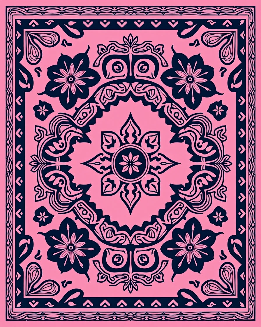 Pink Navy Floral Mandala Pattern Rug