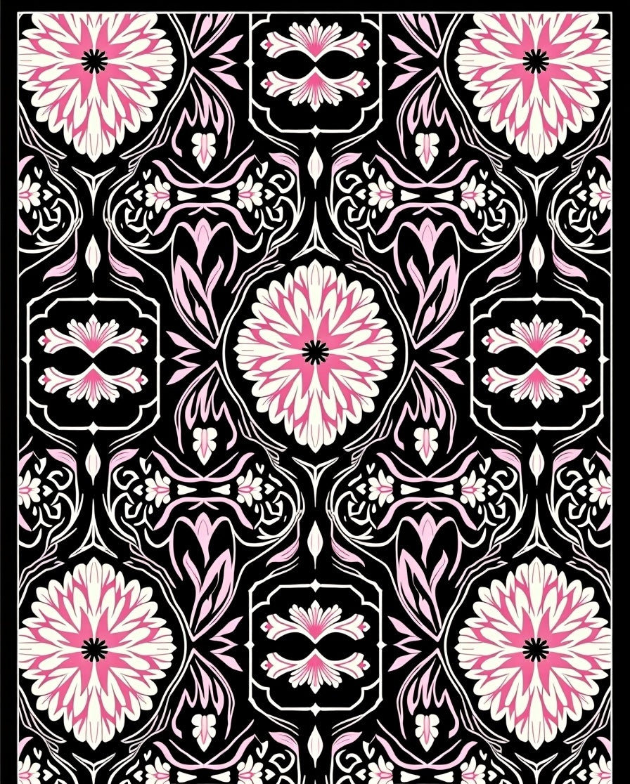 Ornate Pink Floral Black Garden Rug