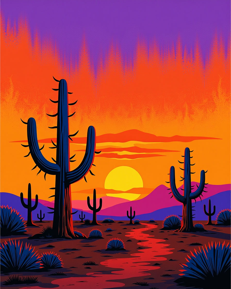 Vibrant Desert Sunset Cactus Scene Rug