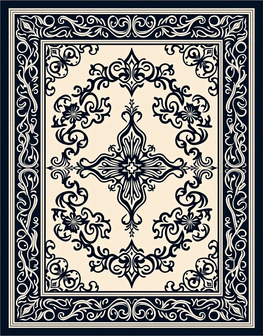 Classic Scrollwork Floral Border Design Rug