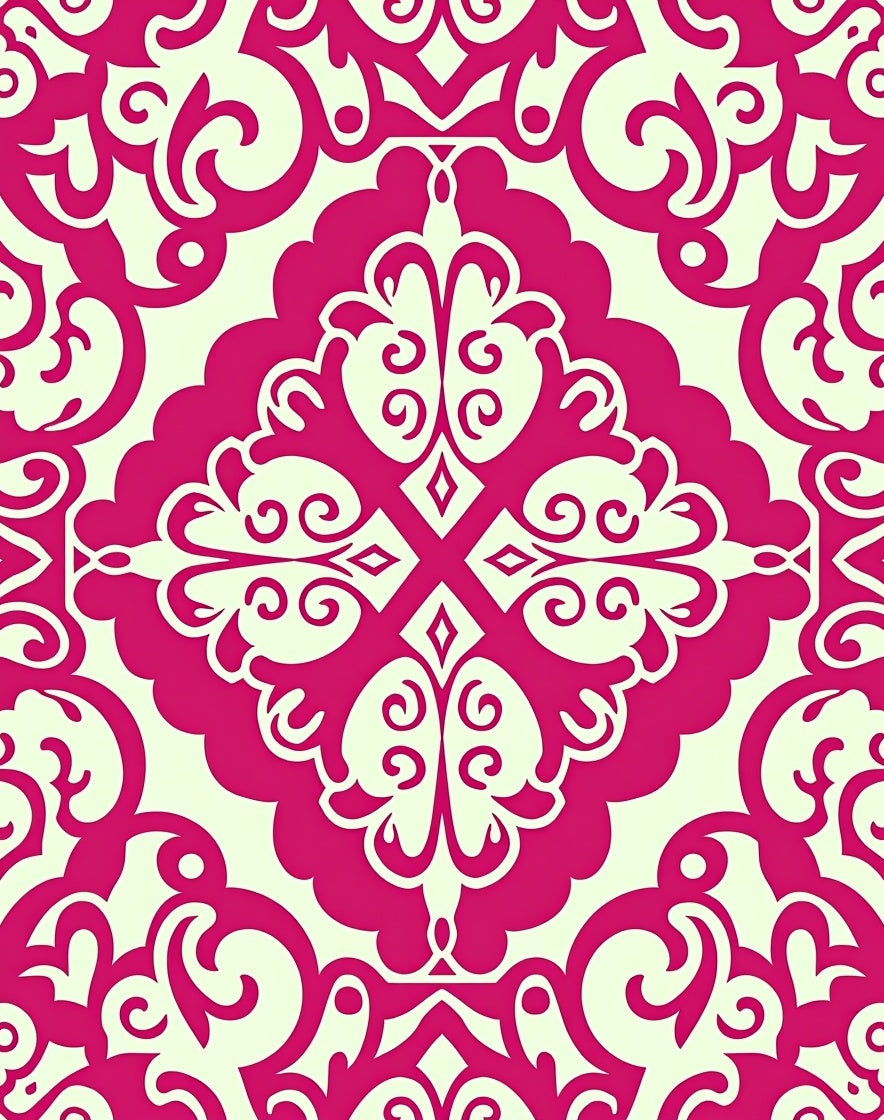 Fuchsia Damask Scroll Pattern Rug