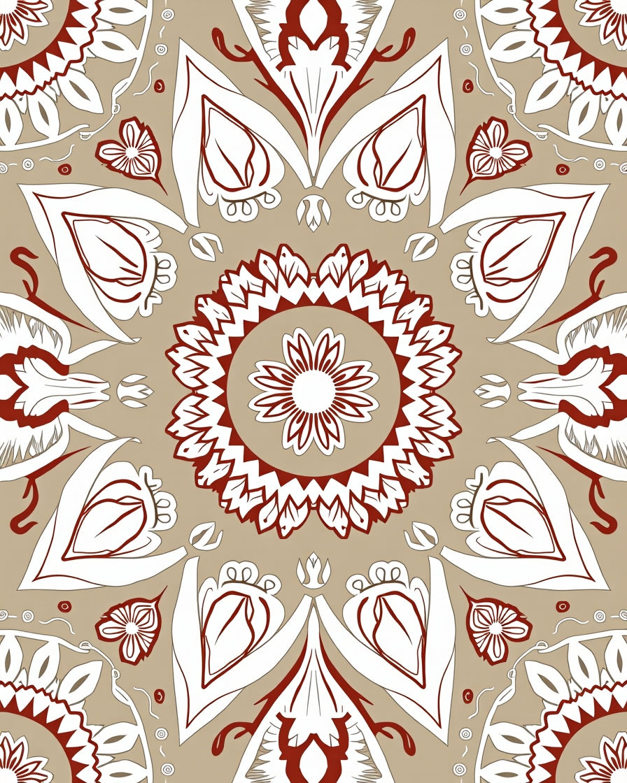 Red White Symmetrical Floral Medallion Rug