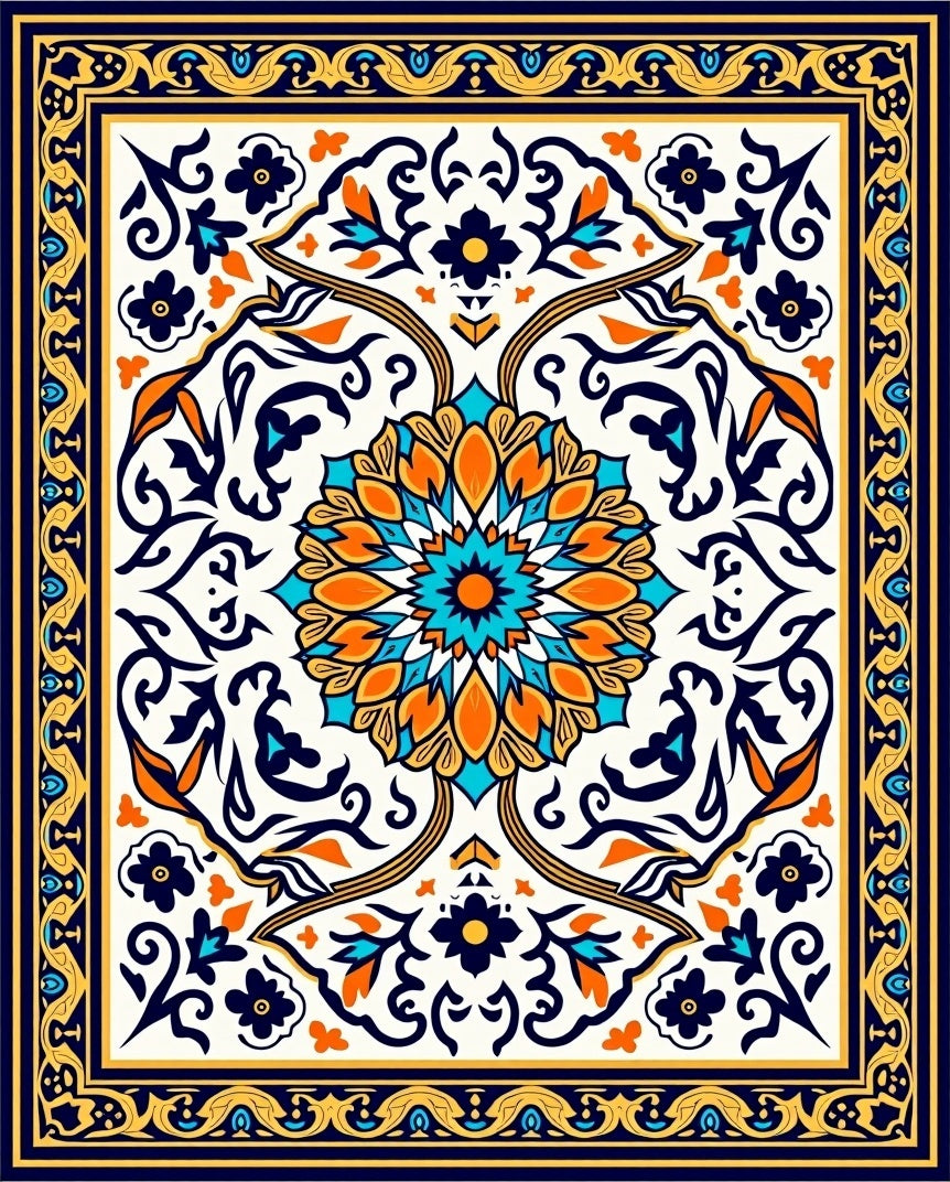 Vibrant Orange Blue Floral Mandala Rug