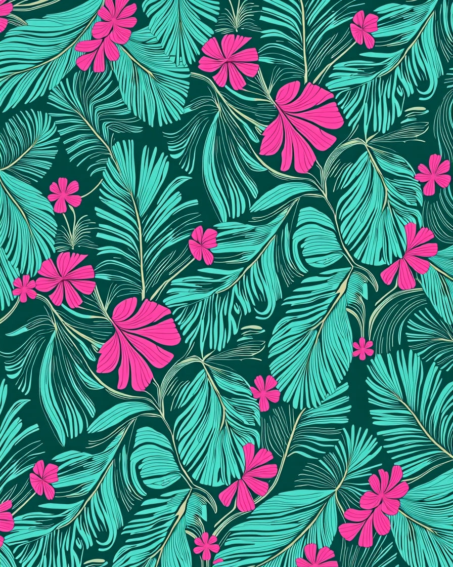 Vibrant Teal Pink Tropical Leaf Bloom Rug