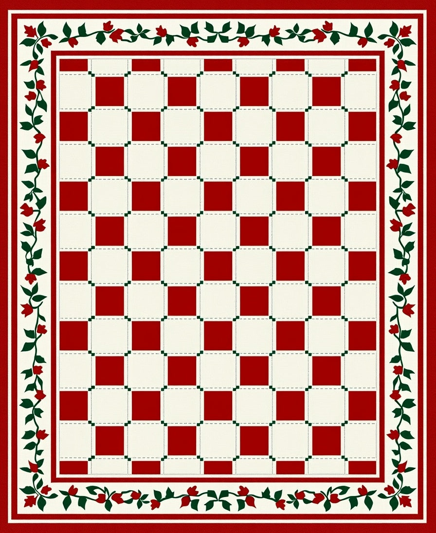 Red White Checkerboard Floral Border Rug