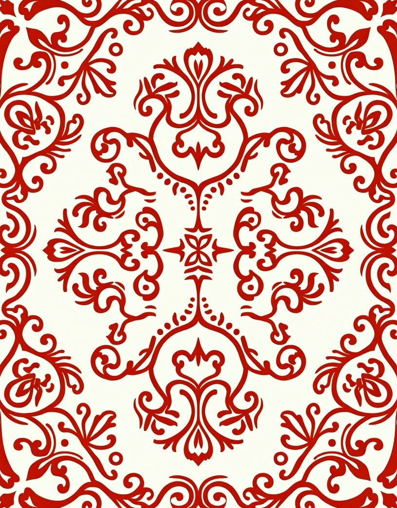 Elegant Red Damask Scroll Pattern Rug