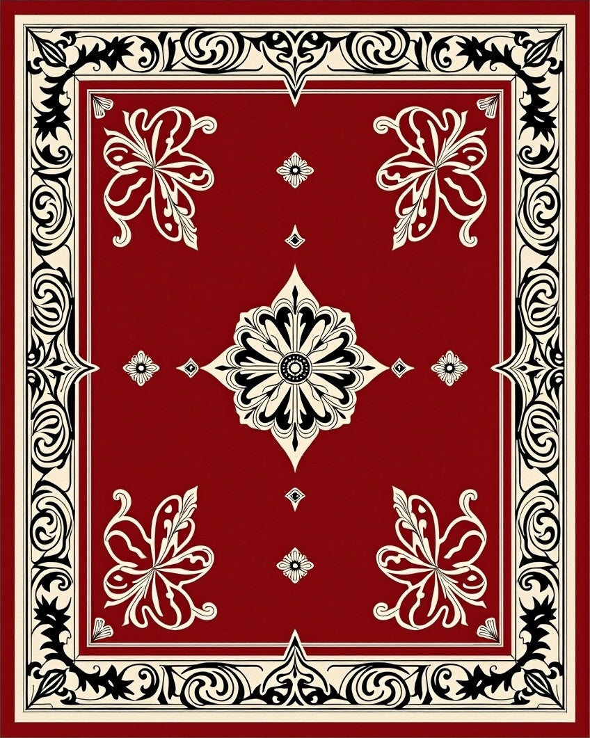 Rich Red Floral Scroll Border Design Rug