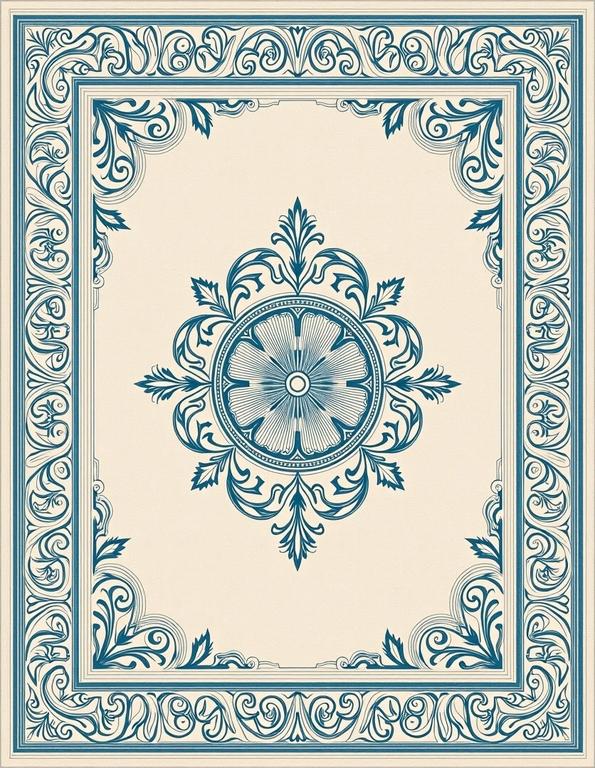 Ornate Floral Medallion Scroll Border Rug