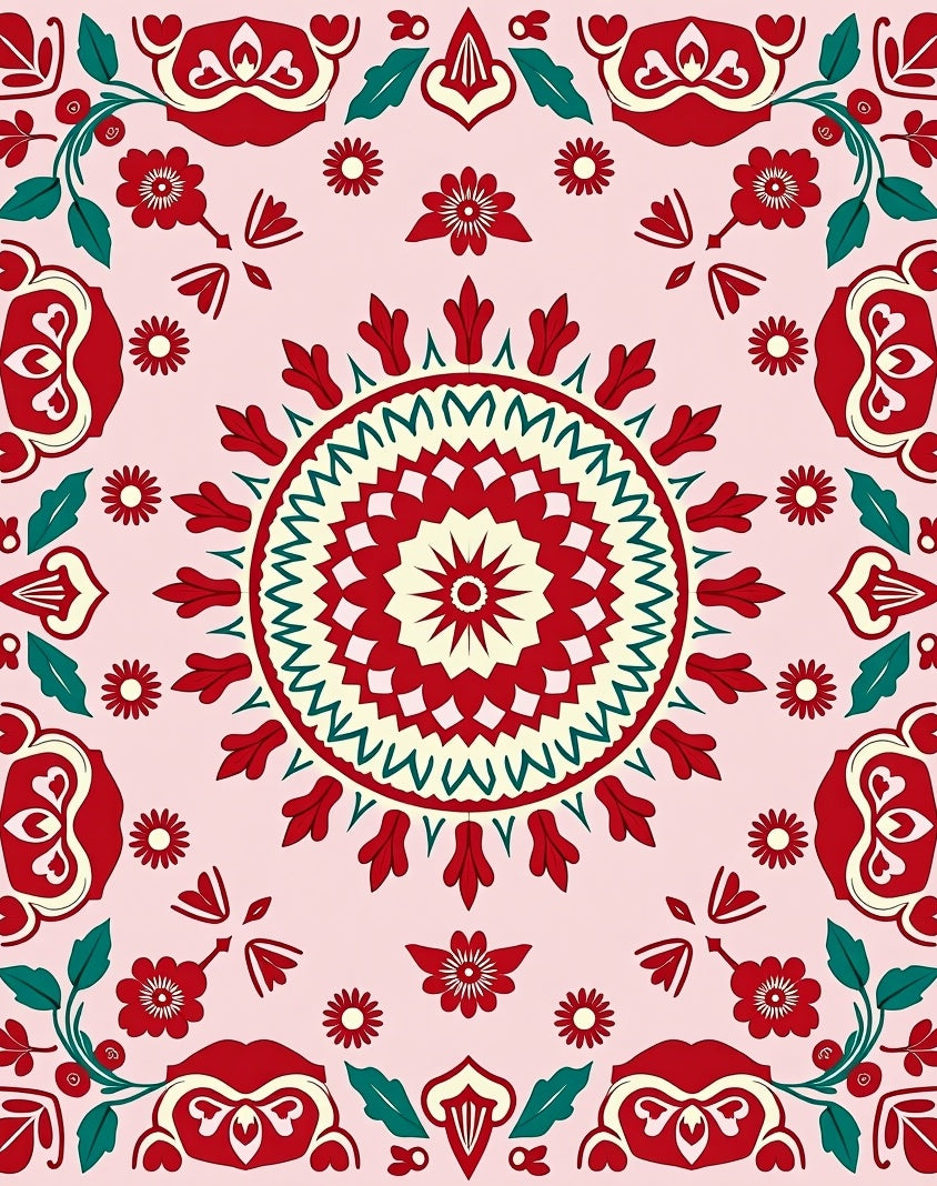 Red Green Floral Mandala Rug