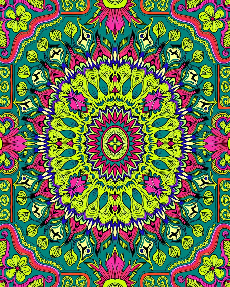 Vibrant Psychedelic Floral Mandala Pattern Rug