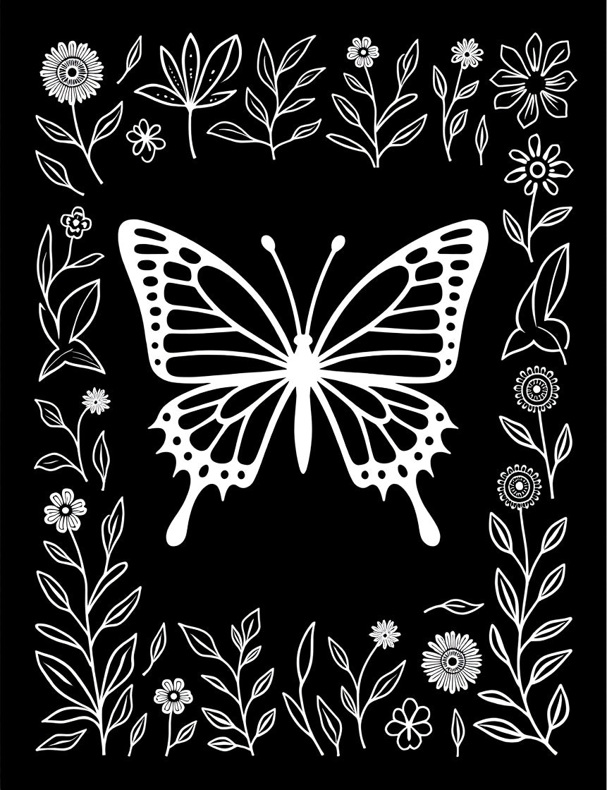White Butterfly Floral Border Rug