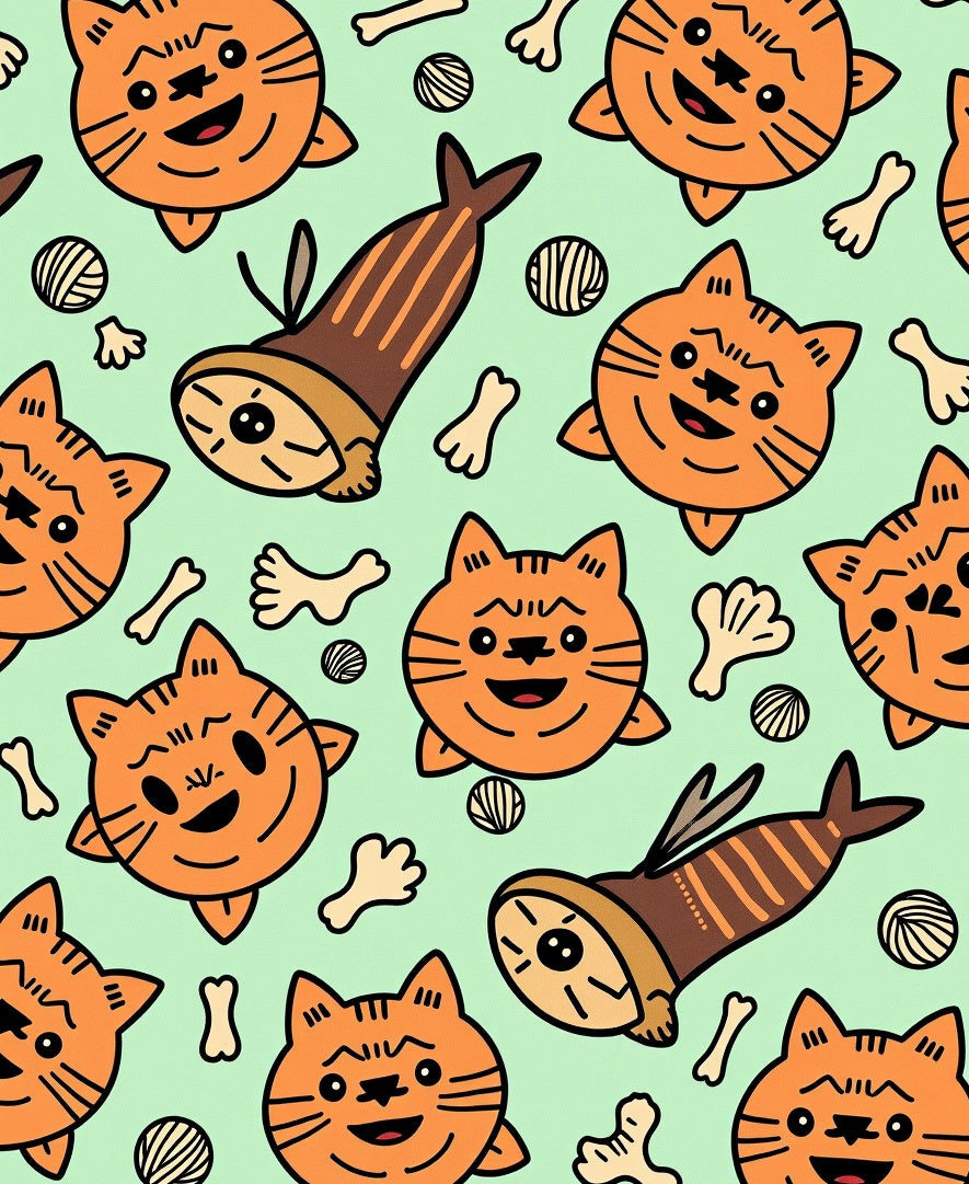 Playful Orange Cat Fish Pattern Rug