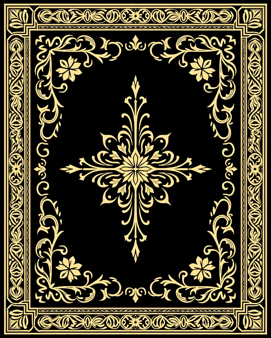 Elegant Gold Floral Scroll Border Rug