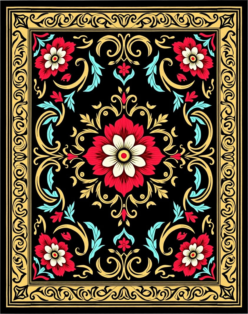 Bold Floral Scrollwork Ornamental Design Rug