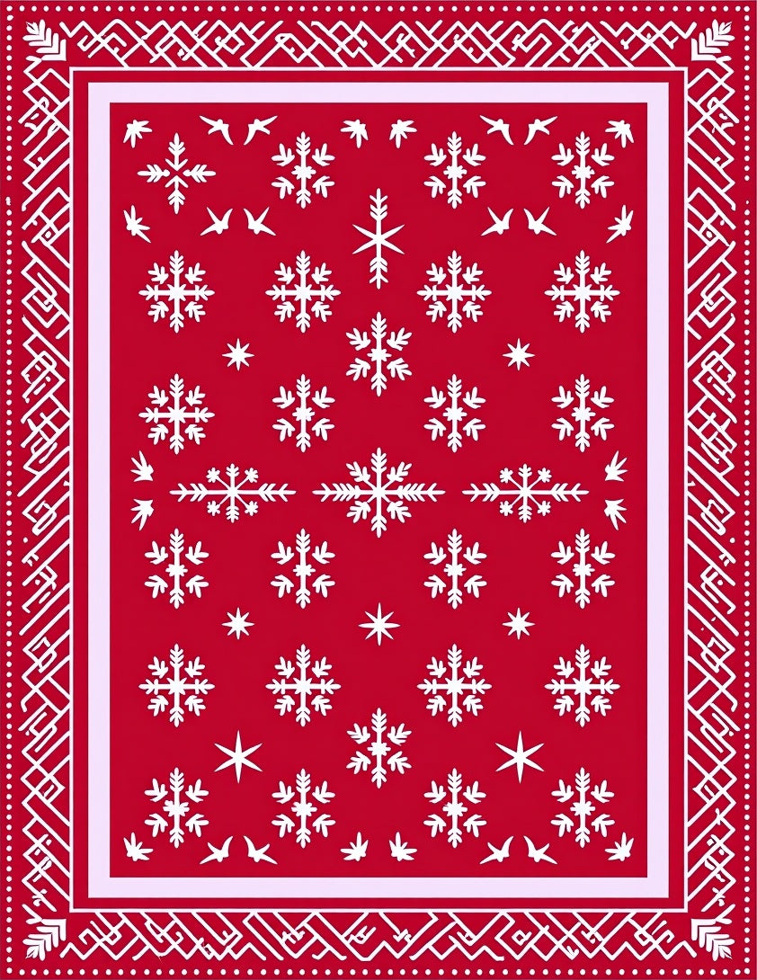 Red Snowflake Border Pattern Rug