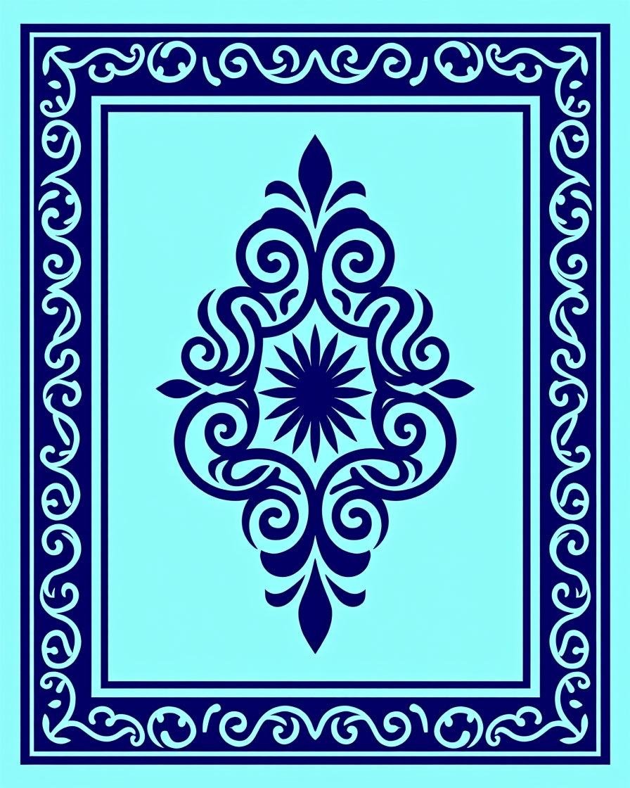 Ornate Dark Blue Floral Frame Rug