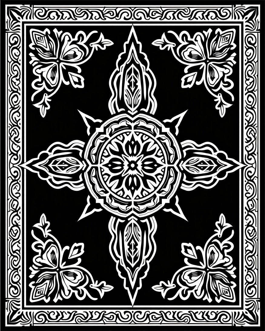 Symmetrical Floral Medallion Monochrome Design Rug