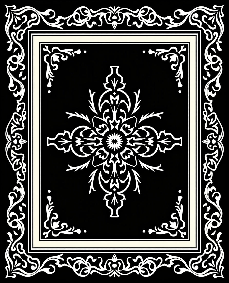 Classic Floral Inlay Black and Ivory Rug