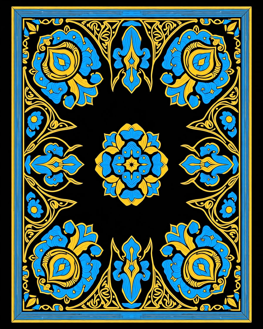 Bold Blue Yellow Floral Scroll Rug