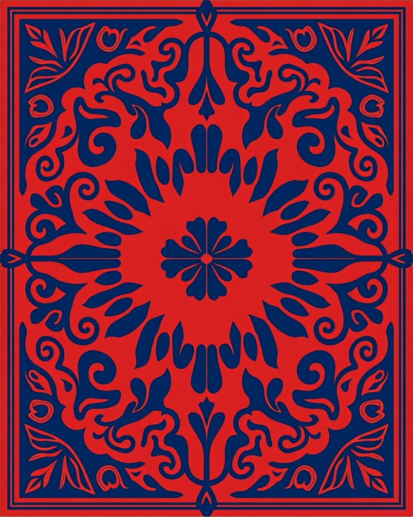 Red Blue Floral Symmetry Design Rug