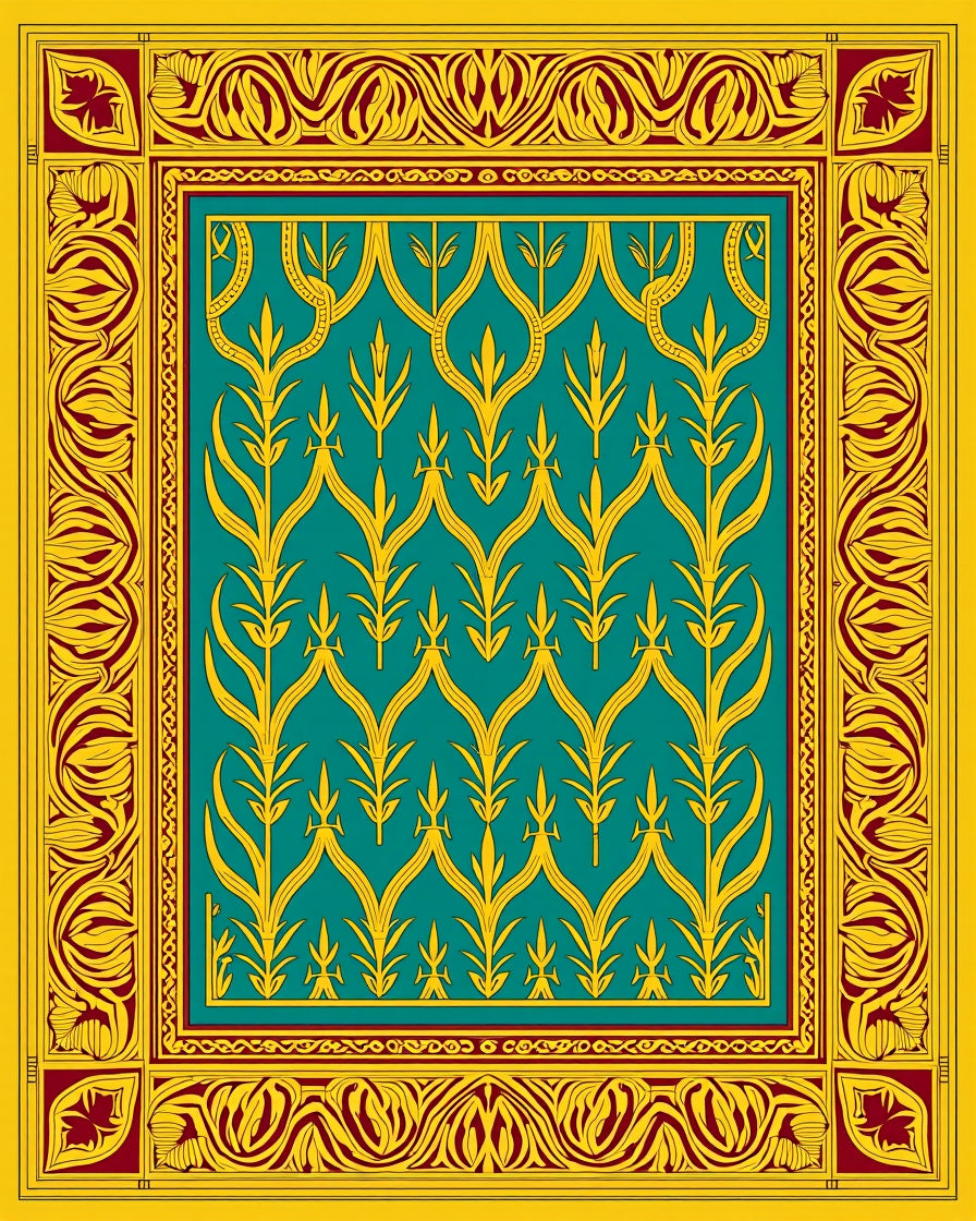 Golden Teal Floral Art Deco Rug
