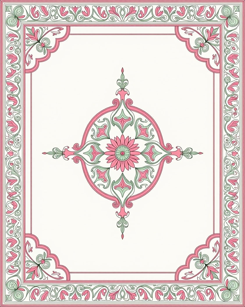 Elegant Pink Green Floral Medallion Rug