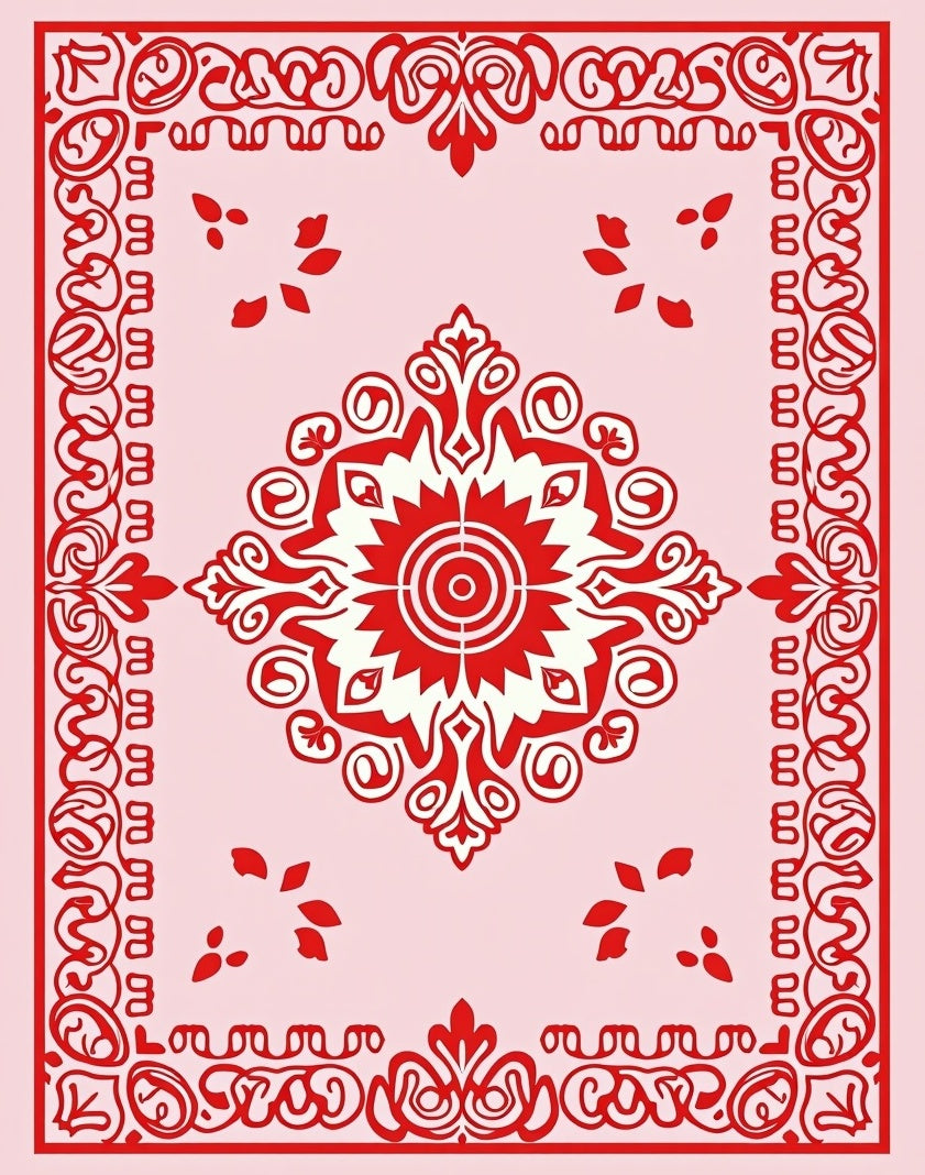 Red Scrollwork Central Floral Pattern Rug