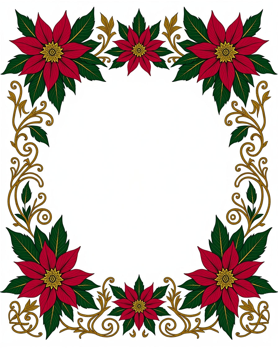 Festive Red Poinsettia Scroll Border Rug
